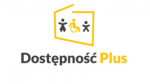 Logo programu Dostępność Plus. Piktogramy przedstawiające trzy osoby wpisane w pomarańczowy kontur Polski